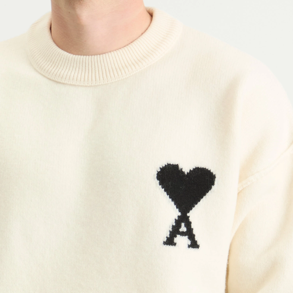 AMI Paris Men's Felted Merino Wool Knit ADC Crew Neck Jumper Ecru/Noir
